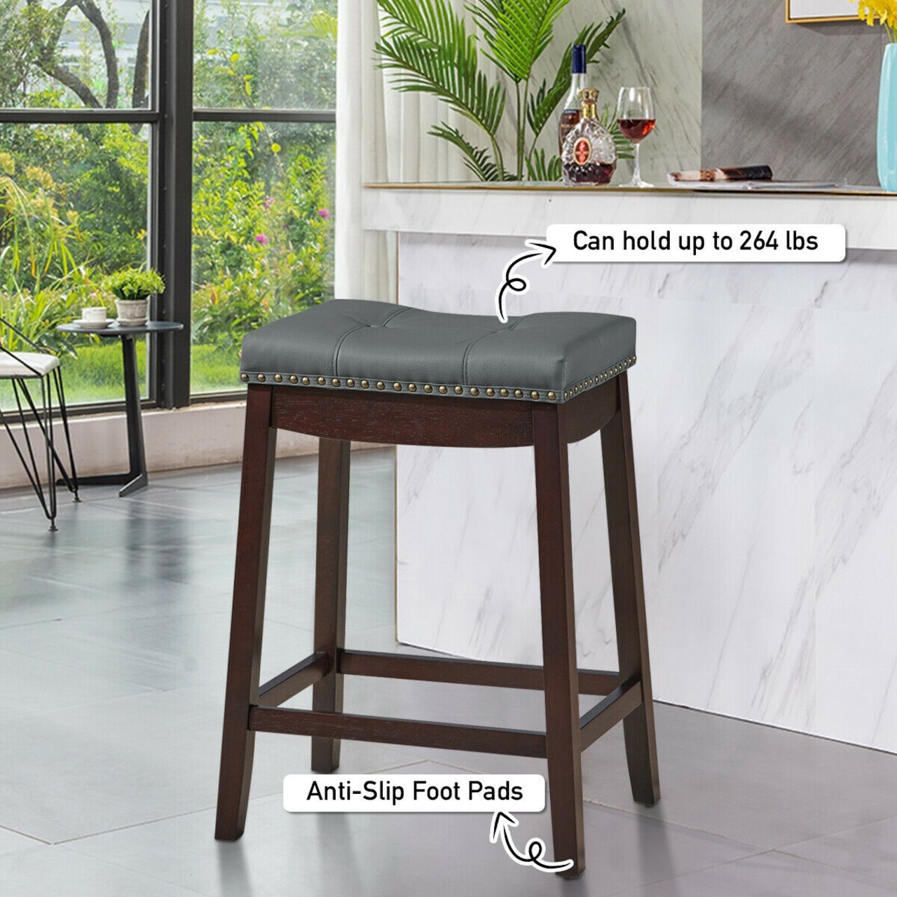 Set of 2 Backless Bar Stools with Nail head Padded Saddle Seat and Rubber Wood Legs